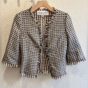 Trina Turk 3/4 Sleeve Plaid Blazer Jacket Fringe Rhinestone Shimmer Size 2